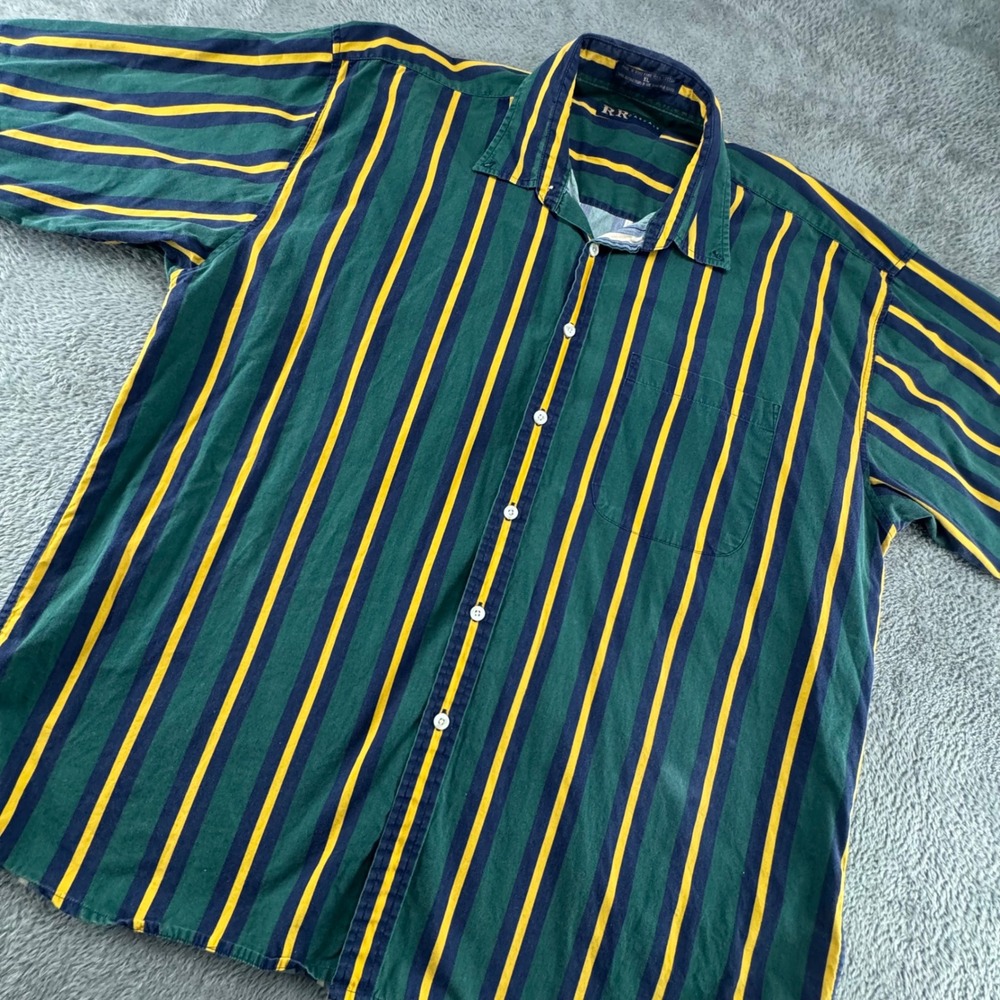 R&R Casuals Striped Shirt Mens XL Green Yellow Blue Good Vintage‎ Short Sleeve
